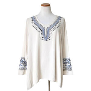 NWT B.L.E.U. BLEU Ivory Blue Embroidered V-Neck Tunic Blouse Top Cover-Up M